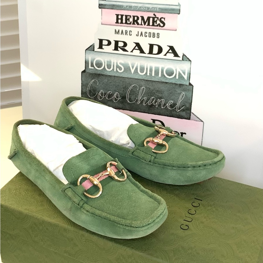 GUCCI Green Apple Suede Horsebit Loafers